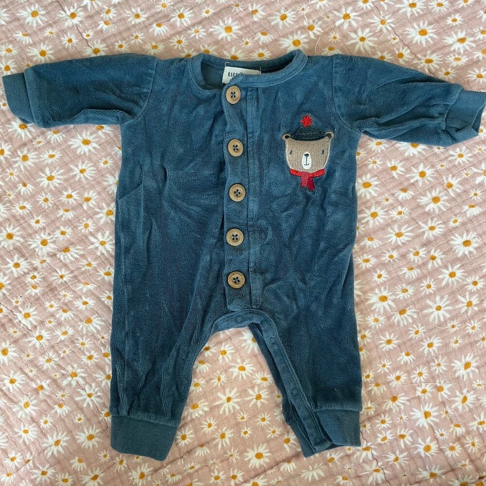 Emily & Oliver Rabbit Bear Winter Long Sleeve Bodysuit - Blue - 0-3 Months